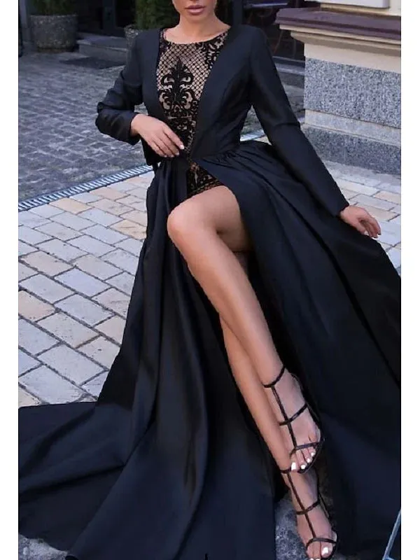 A-Line Ball Gown Sweep/Brush Train Dress Long Sleeve Evening Dresses with Slit