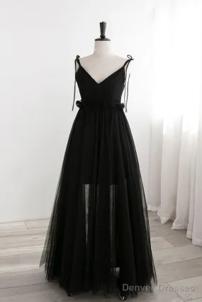 A-Line Black Tulle Long Prom Dresses, Black Formal Evening Dresses