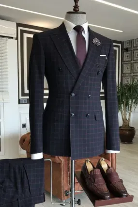 Black Peaked Lapel Double Breasted Business Suits With Red Plaid Two Piece Prom Suits