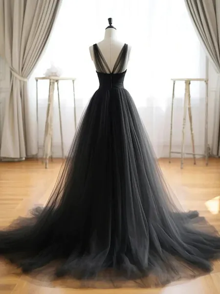 Elegant Black V-Neck A-Line Tulle Formal Evening Gown, Style DP2258