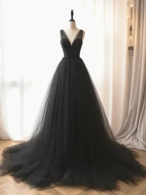 Elegant Black V-Neck A-Line Tulle Formal Evening Gown, Style DP2258