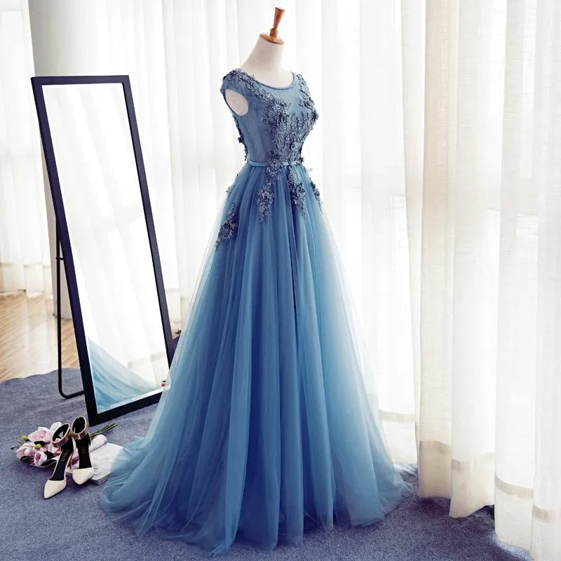 Cap Sleeve Blue Lace Beaded Evening A Line Prom Dresses, Long Sexy Party Prom Dress, Custom Long Prom Dresses, Cheap Formal Prom Dresses