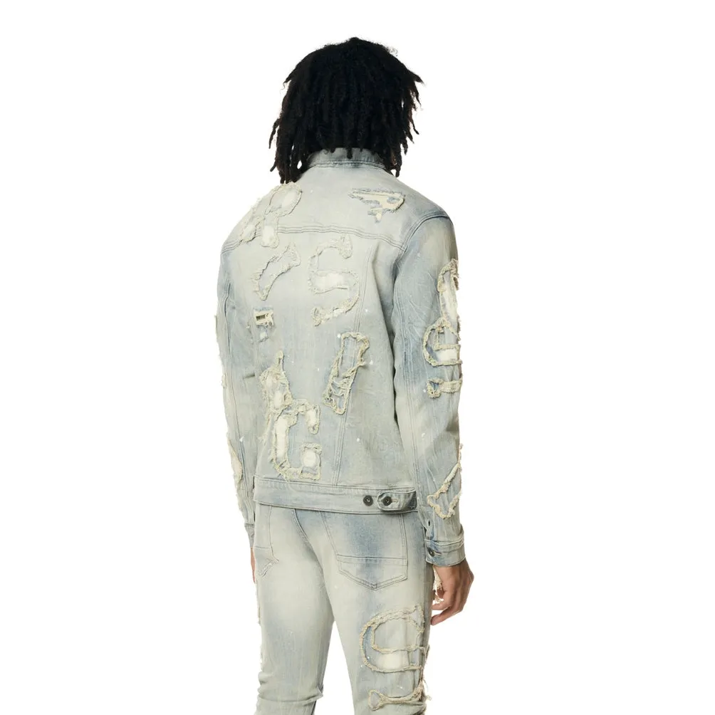 Cut & Sewn Rip Off Letter Applique Jean Jacket - Seville Blue
