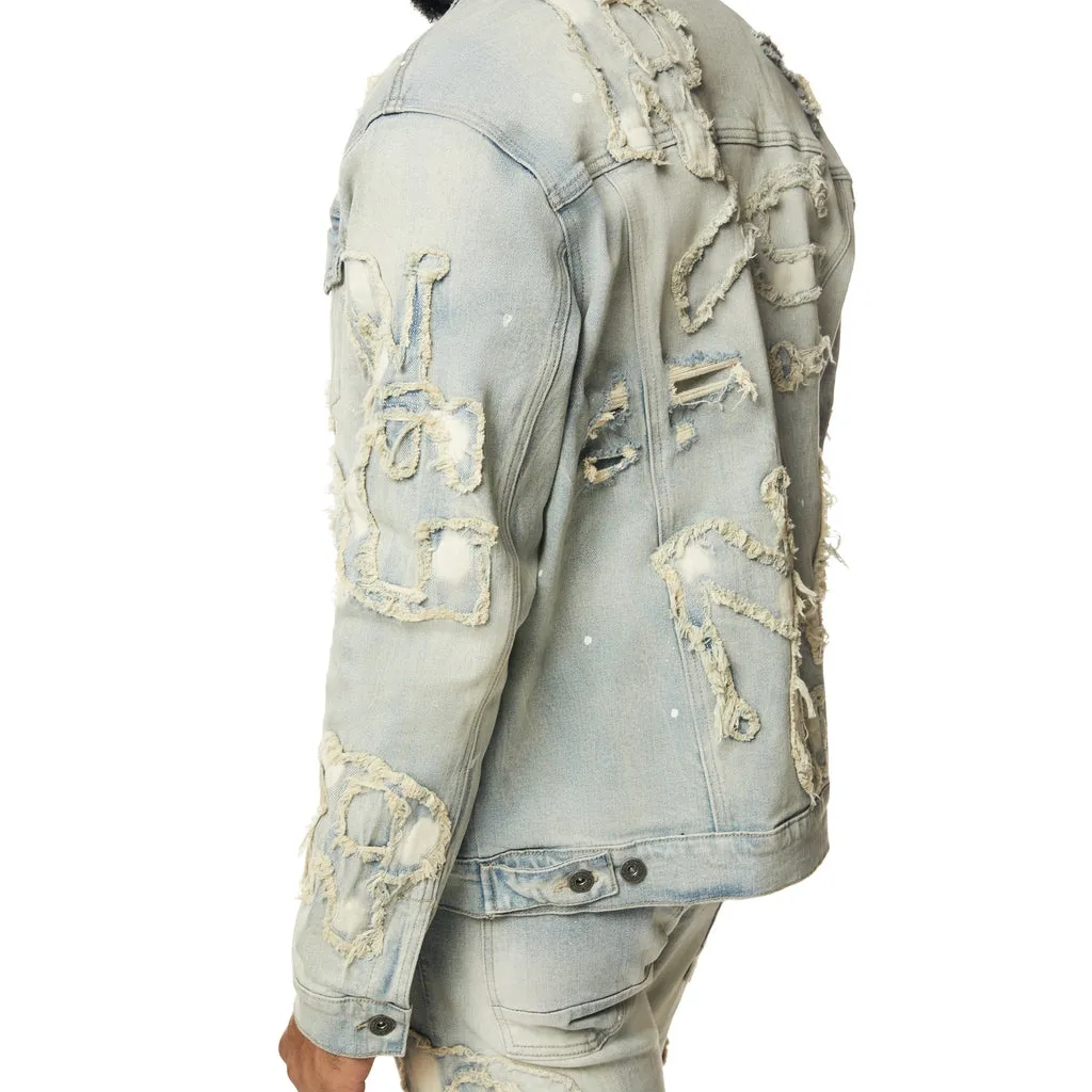 Cut & Sewn Rip Off Letter Applique Jean Jacket - Seville Blue