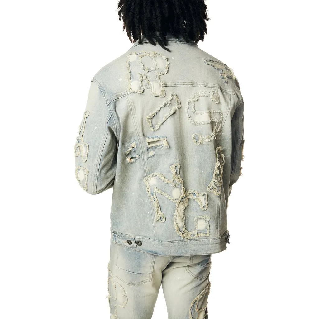 Cut & Sewn Rip Off Letter Applique Jean Jacket - Seville Blue