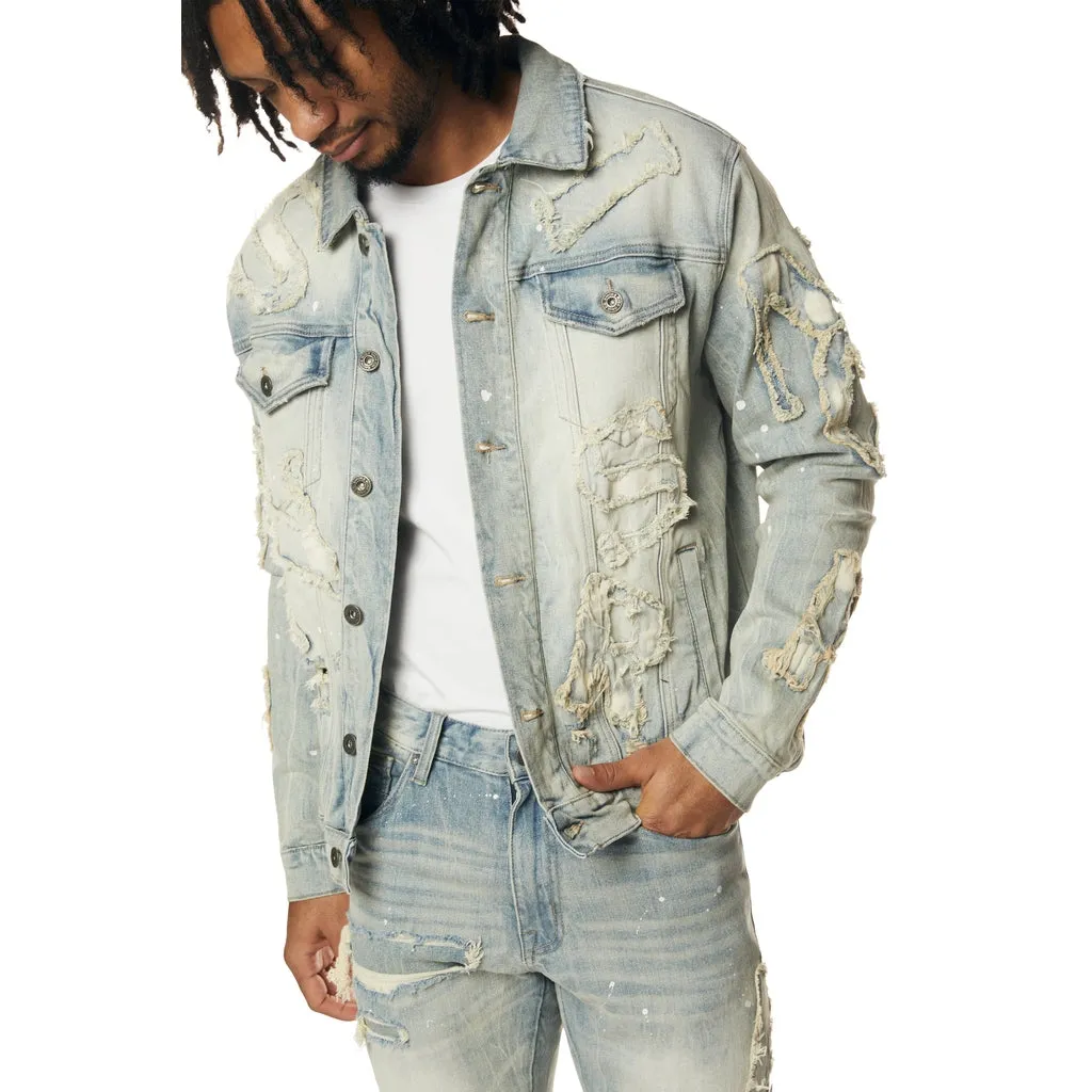 Cut & Sewn Rip Off Letter Applique Jean Jacket - Seville Blue