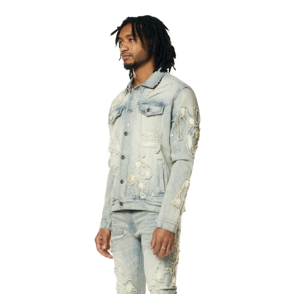 Cut & Sewn Rip Off Letter Applique Jean Jacket - Seville Blue