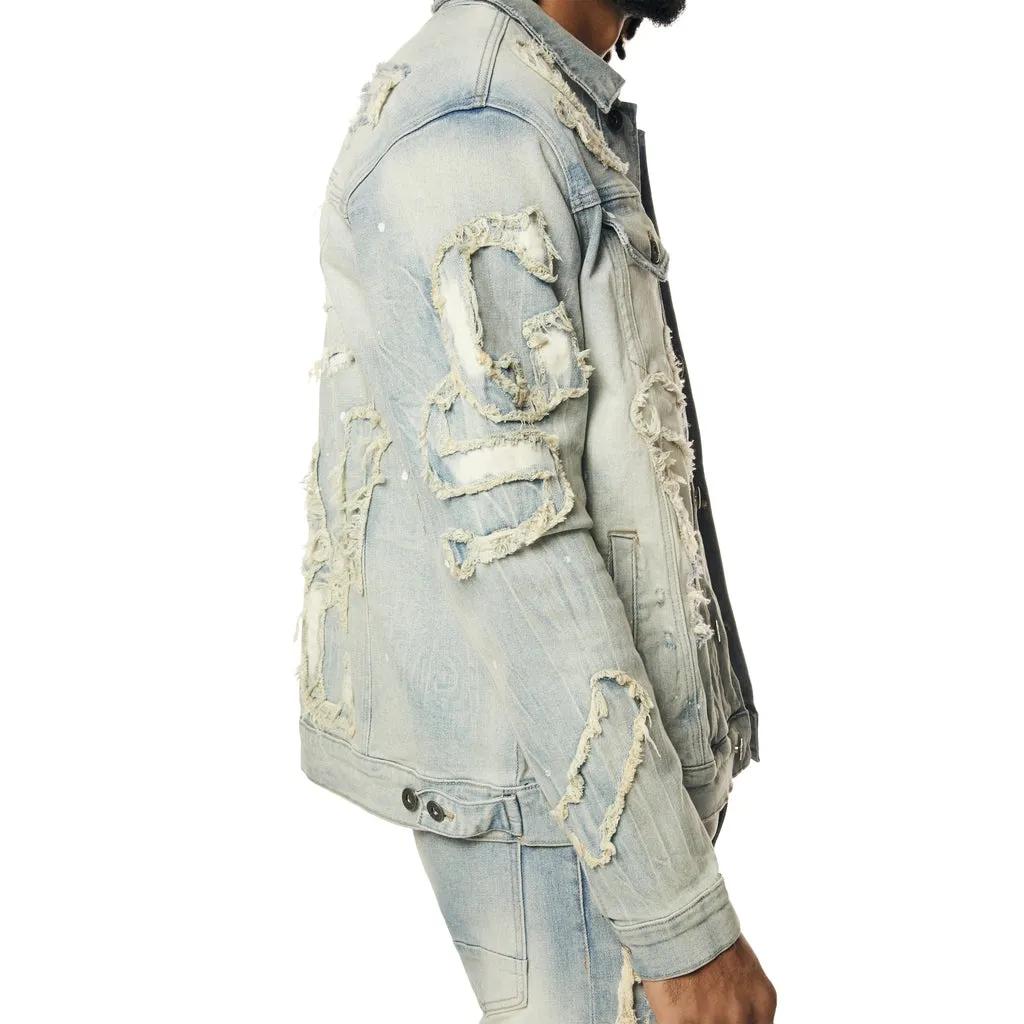 Cut & Sewn Rip Off Letter Applique Jean Jacket - Seville Blue