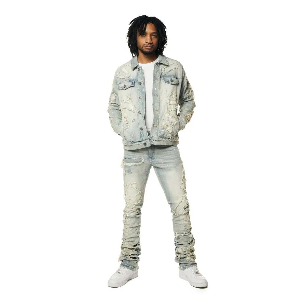 Cut & Sewn Rip Off Letter Applique Jean Jacket - Seville Blue