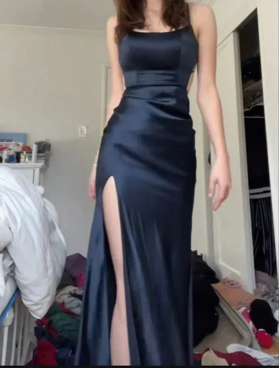 Fashion Formal Dresses Spaghetti Straps Satin Long Prom Dress Slit Formal Evening Dress Prom Dresses Shops