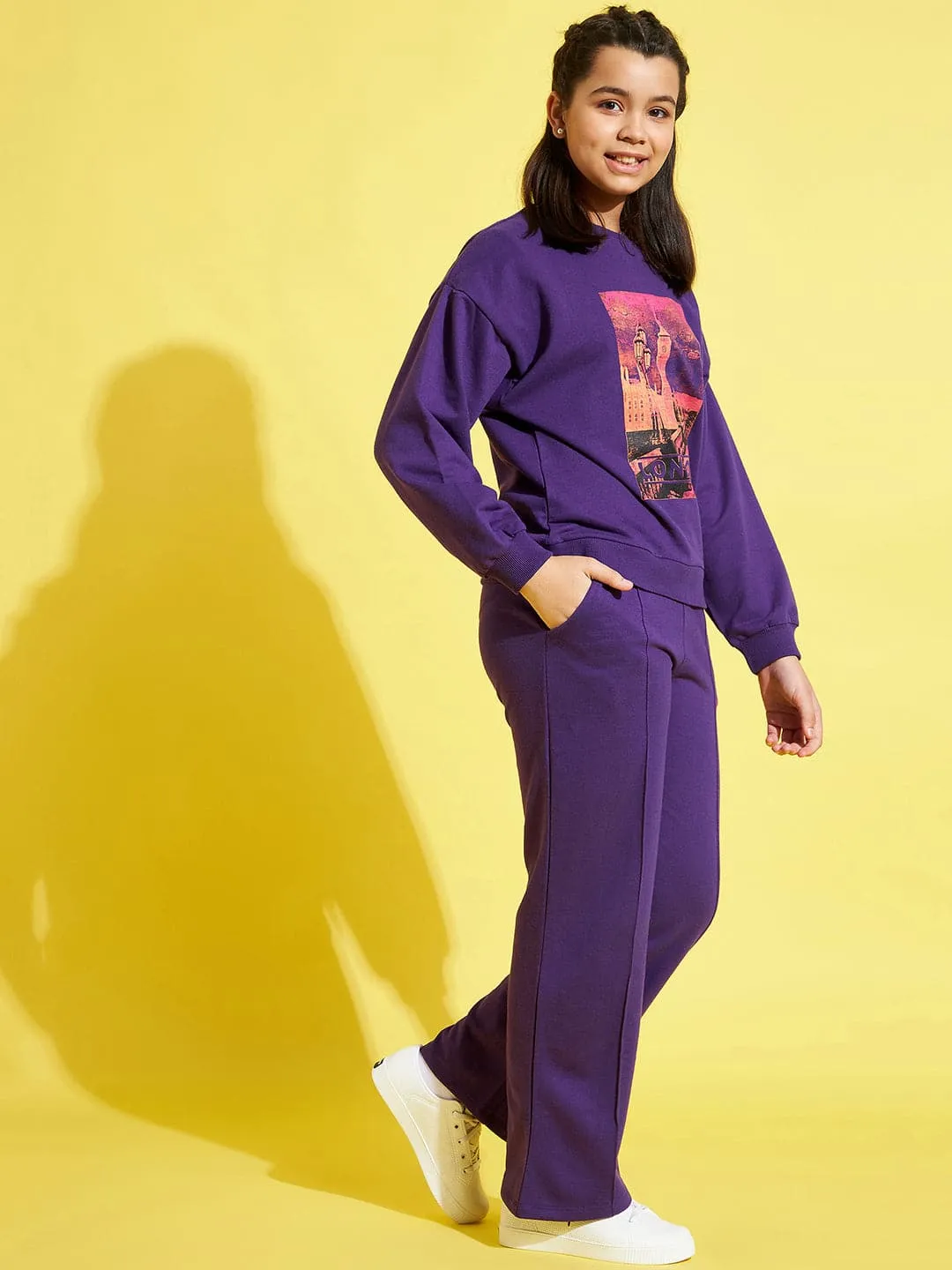 Girls Purple London Sweatshirt With Track Pants - Lyush Kids