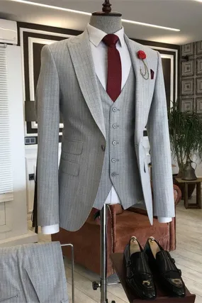 Gray Striped Peaked Lapel Three Pieces Men Business Suits One Button Plaid Wedding Suits