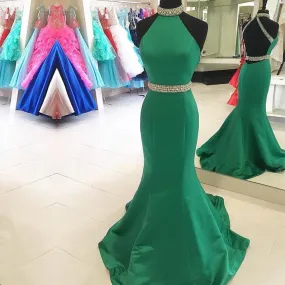 green satin long hater prom dresses mermaid open back