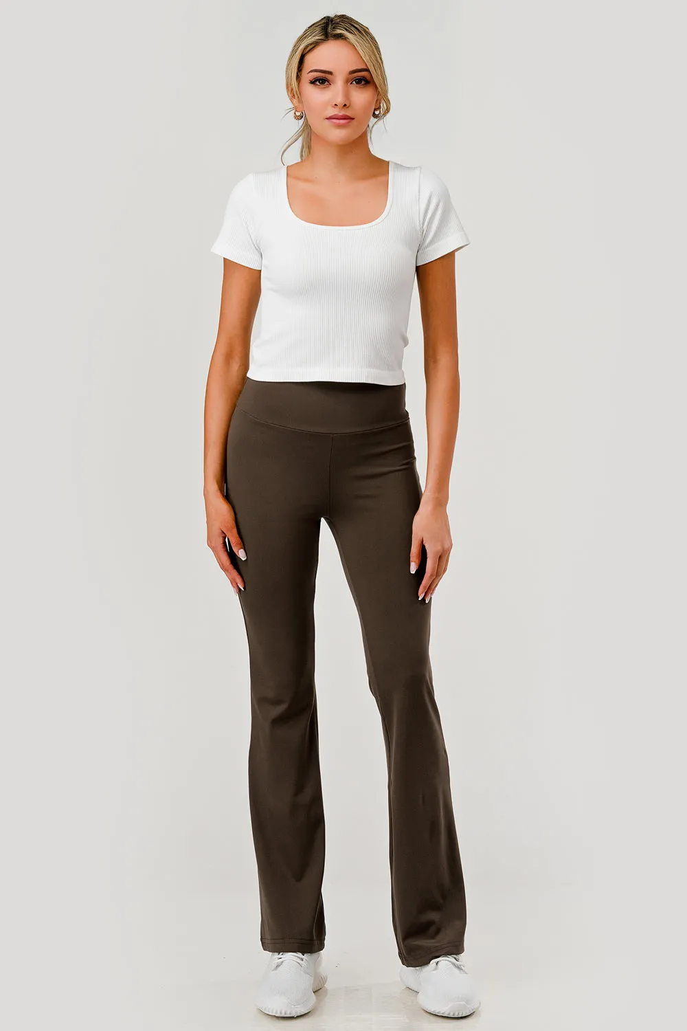High Waist Soft Brushed Stretch Knit Flare Pants - Chocolate Brown