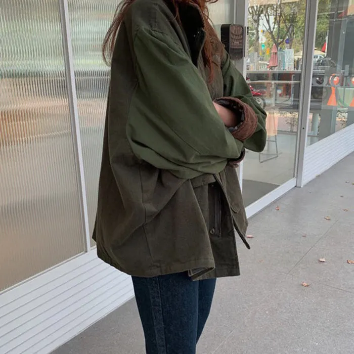 hulianfu  Korean Thick Autumn Vintage Lapel Casual Style Loose Full Lantern Sleeve Coats and Jackets Women Army Green Streetwear