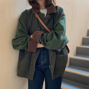 hulianfu  Korean Thick Autumn Vintage Lapel Casual Style Loose Full Lantern Sleeve Coats and Jackets Women Army Green Streetwear