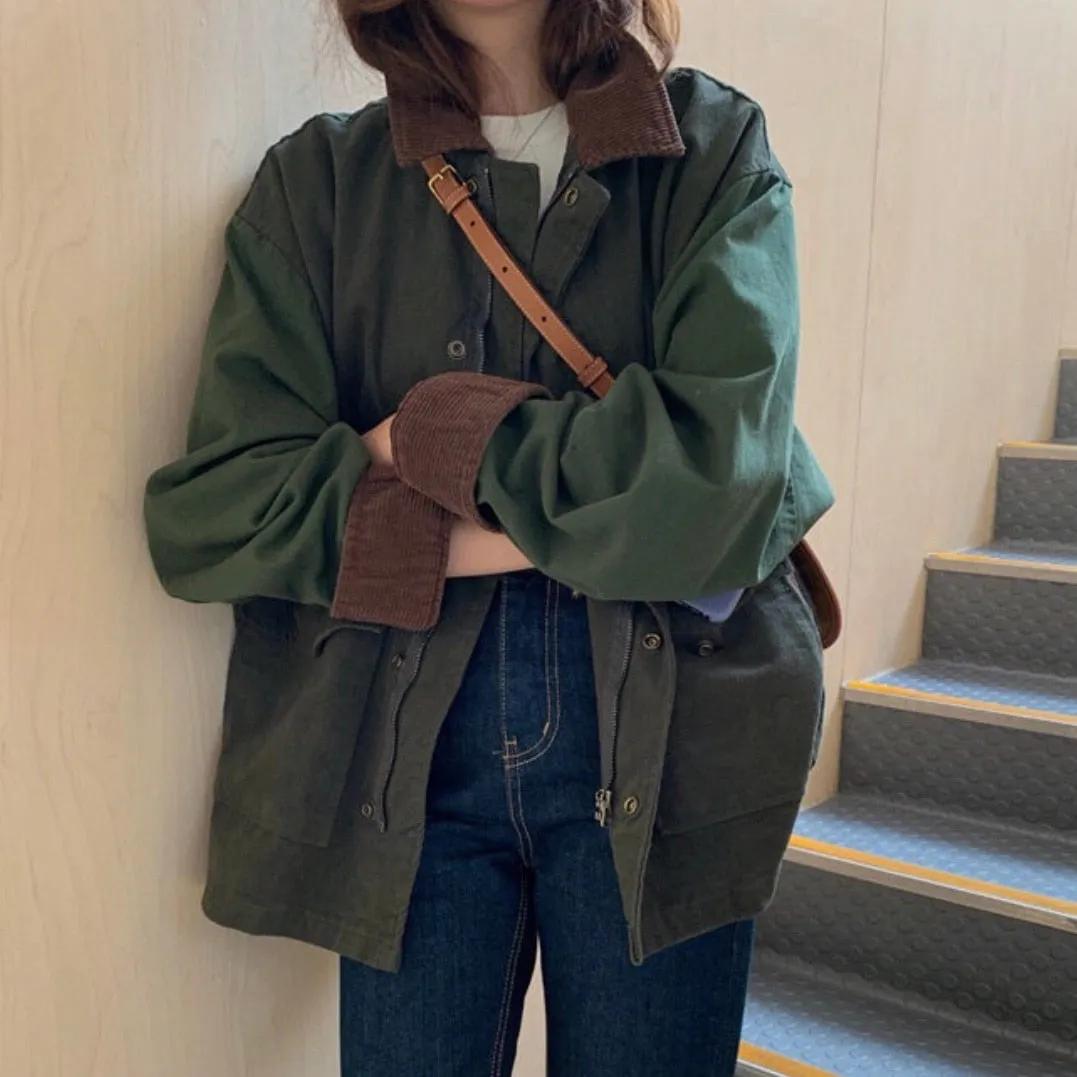 hulianfu  Korean Thick Autumn Vintage Lapel Casual Style Loose Full Lantern Sleeve Coats and Jackets Women Army Green Streetwear
