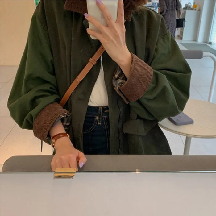 hulianfu  Korean Thick Autumn Vintage Lapel Casual Style Loose Full Lantern Sleeve Coats and Jackets Women Army Green Streetwear