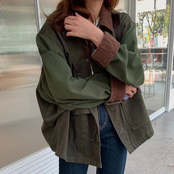 hulianfu  Korean Thick Autumn Vintage Lapel Casual Style Loose Full Lantern Sleeve Coats and Jackets Women Army Green Streetwear