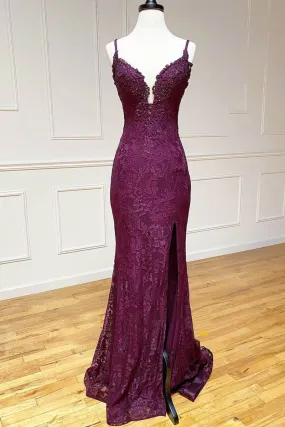 kamahe mermaid/trumpet spaghetti straps grape lace beaded long prom dress formal evening dress