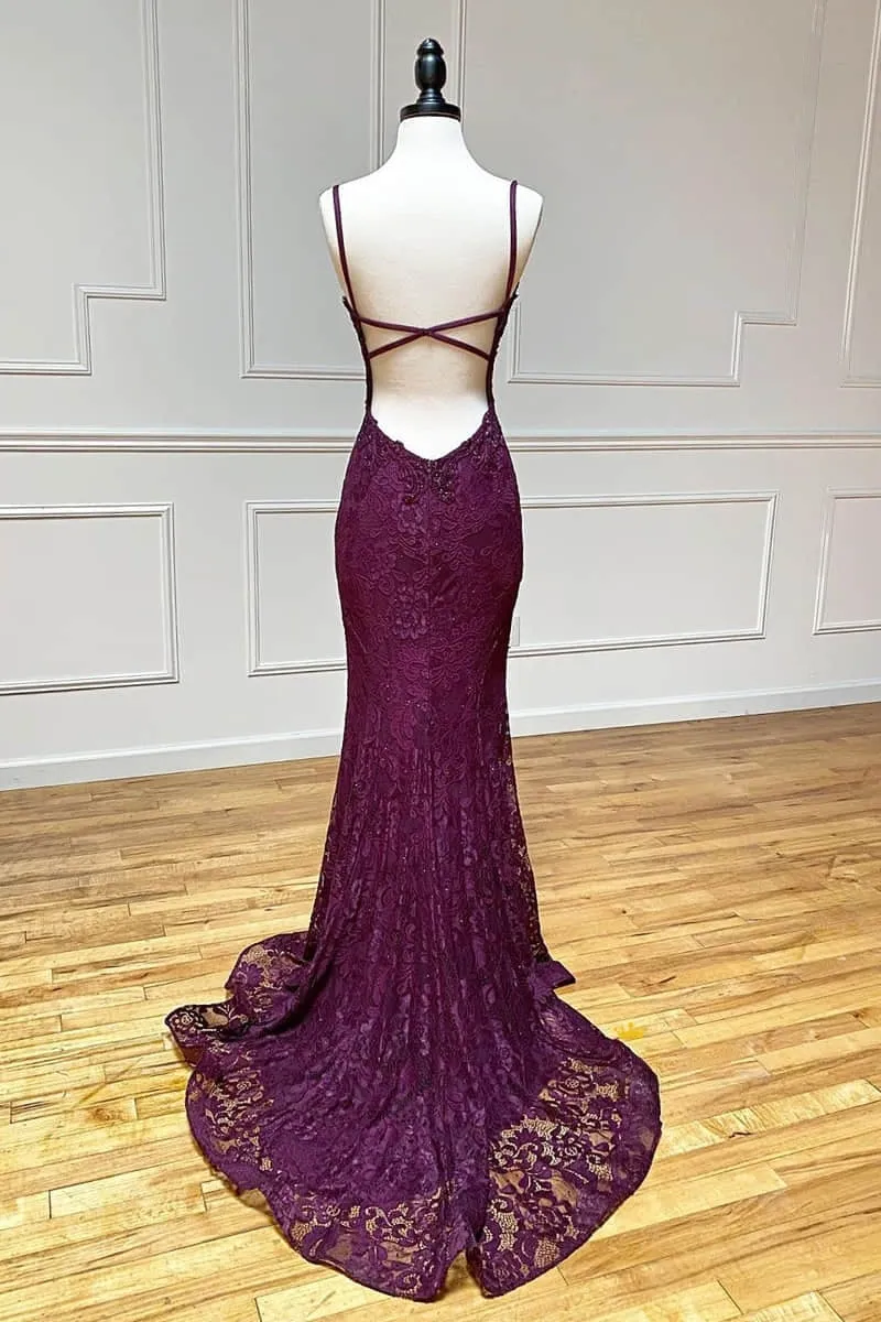kamahe mermaid/trumpet spaghetti straps grape lace beaded long prom dress formal evening dress