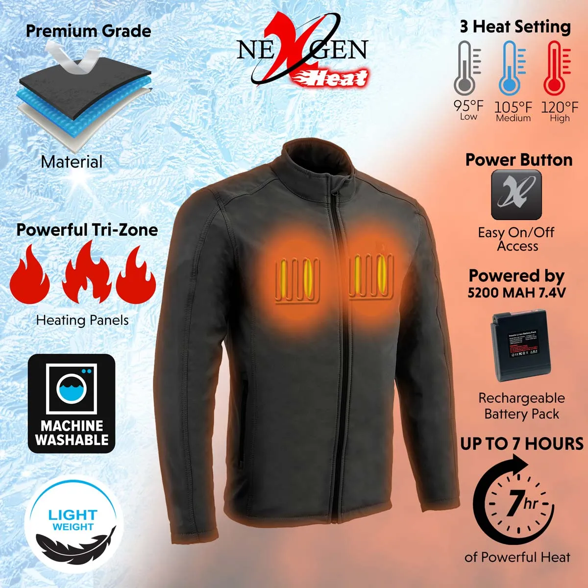 Nexgen Heat MPM1762SET Mens Soft Shell Heated Jacket - Grey Standup Collar Jacket for Winter with Battery Pack